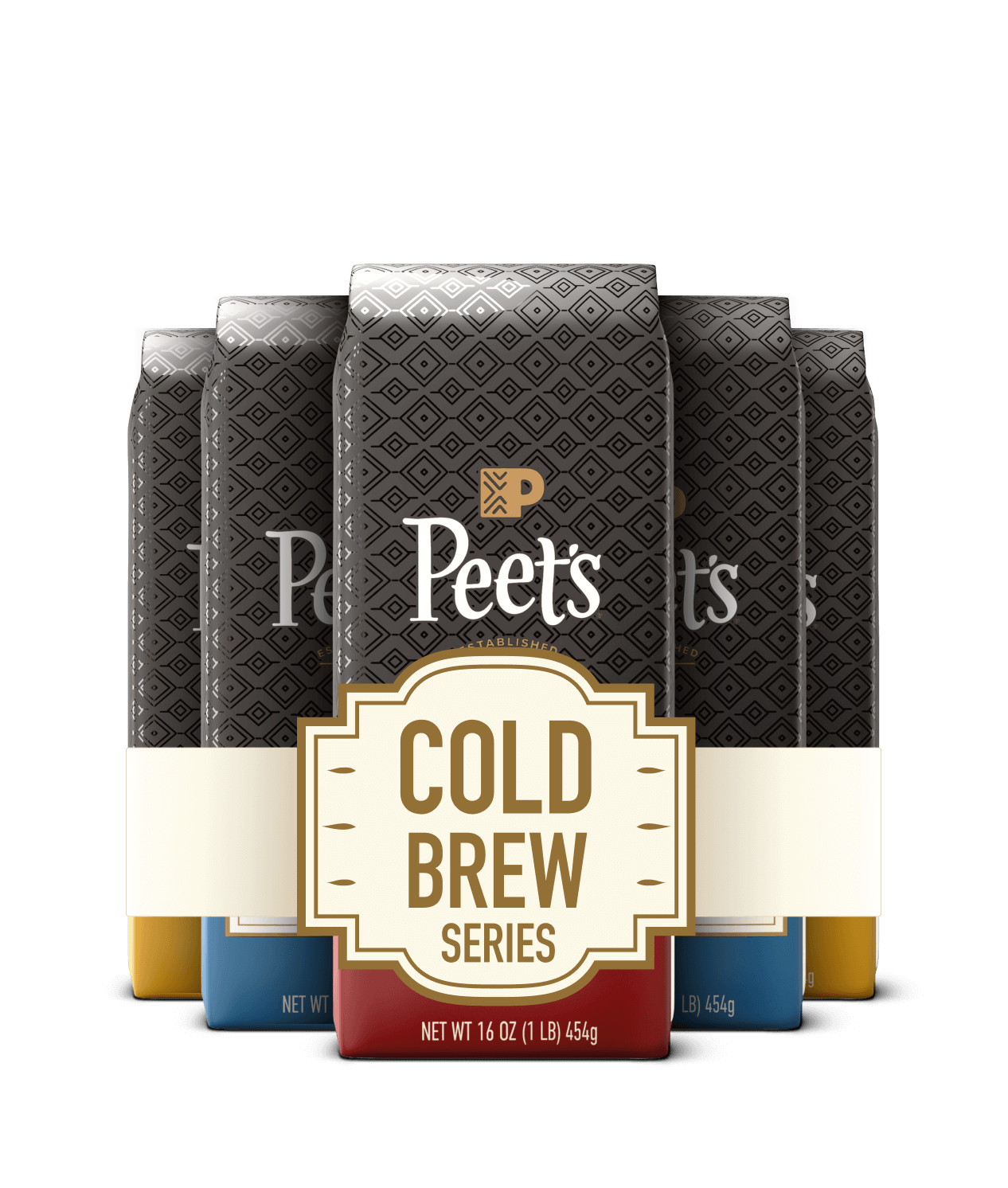 Packaging of Peet's Cold Brew Series coffee bags on a black background